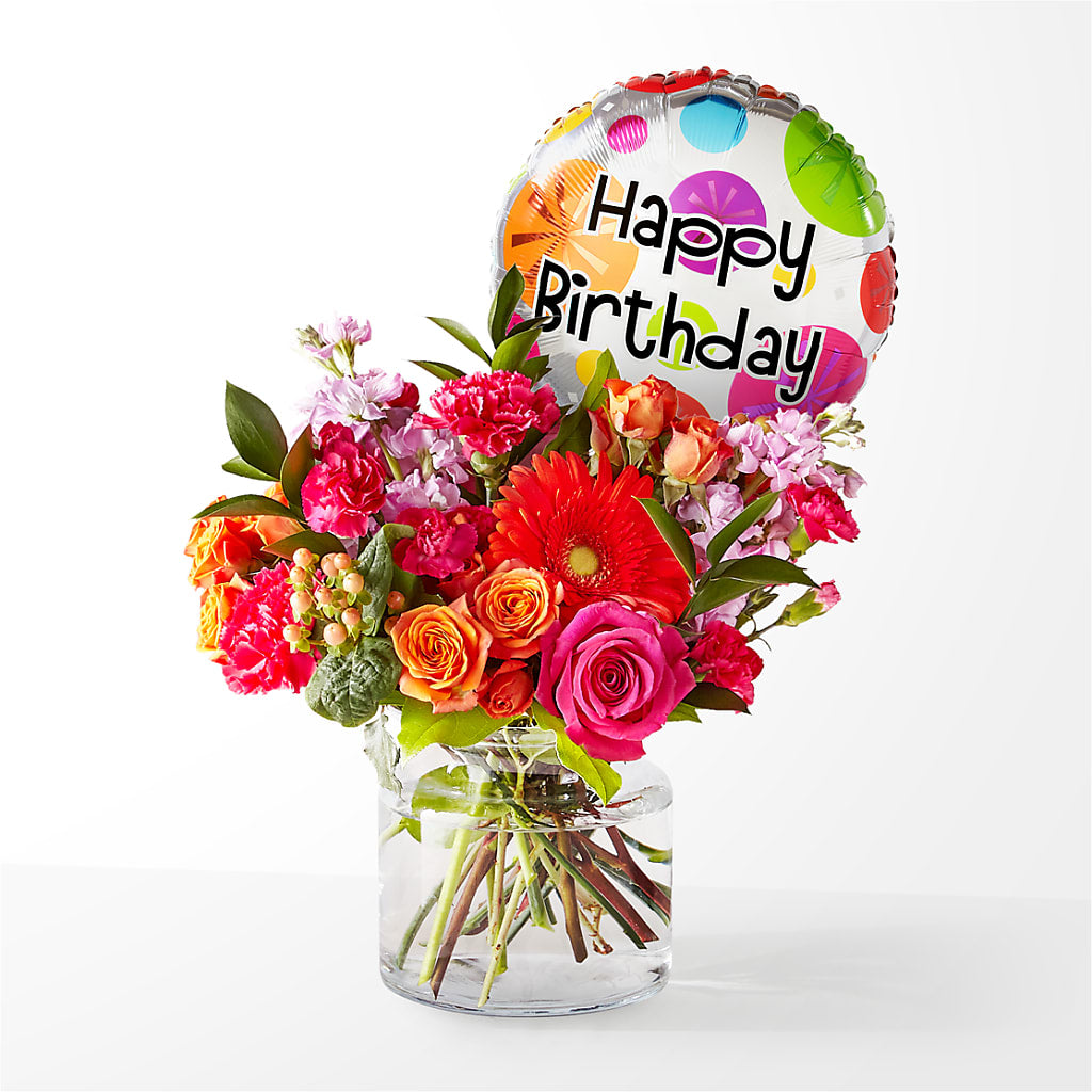 Fiesta Bouquet with Birthday Balloon – Halstead Floral At The Plaza, Halstead KS