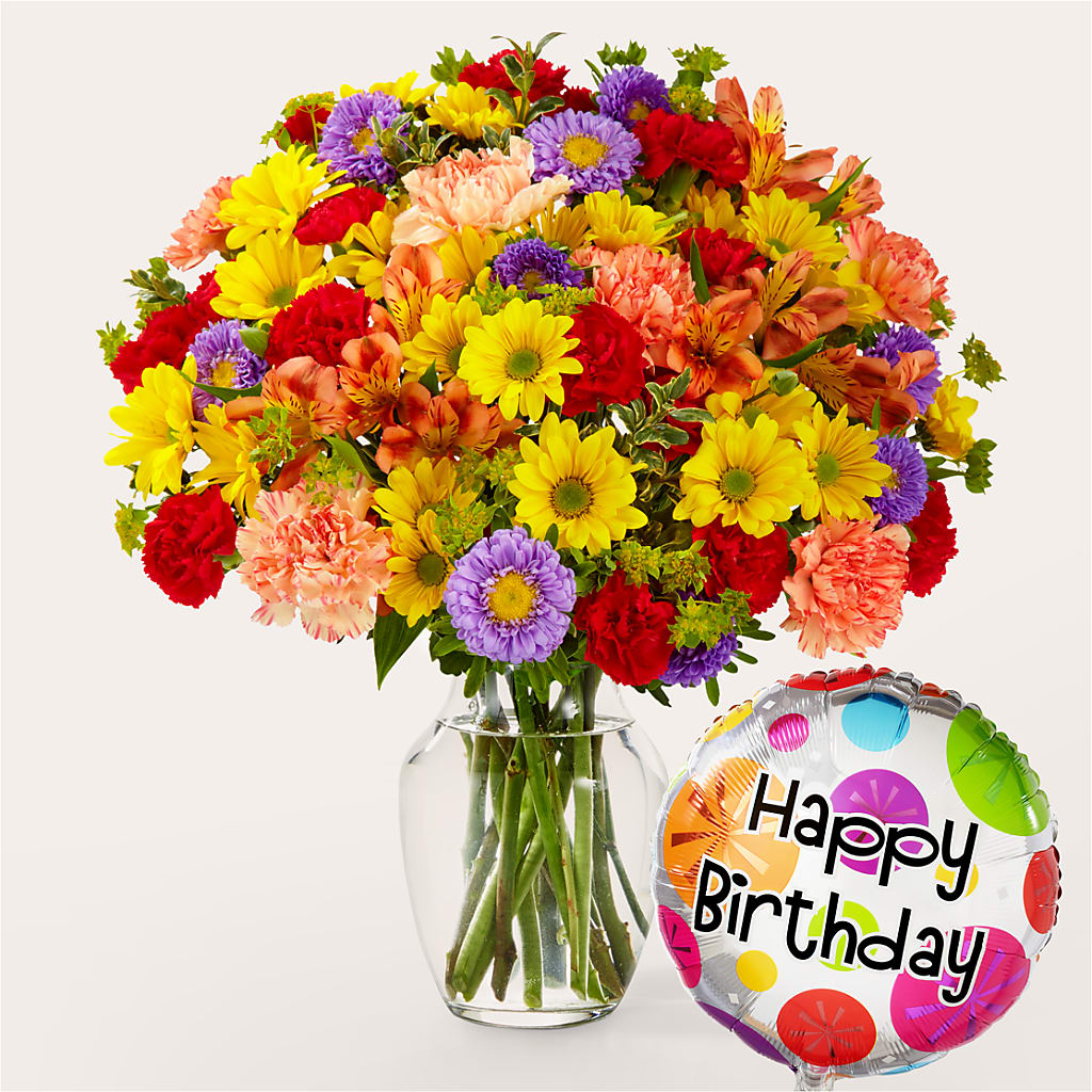Kaleidoscope Bouquet with Birthday Balloon – Halstead Floral At The Plaza, Halstead KS