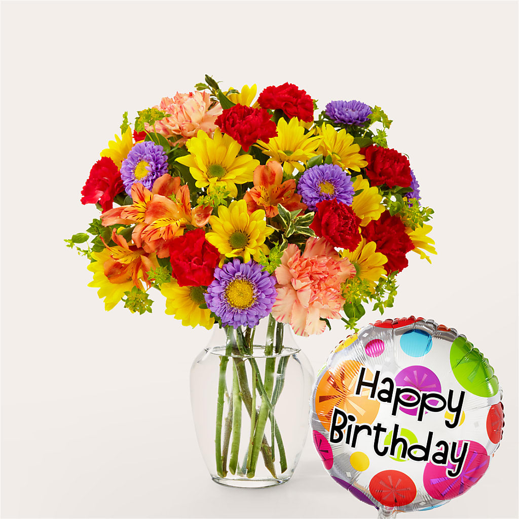 Kaleidoscope Bouquet with Birthday Balloon – Halstead Floral At The Plaza, Halstead KS