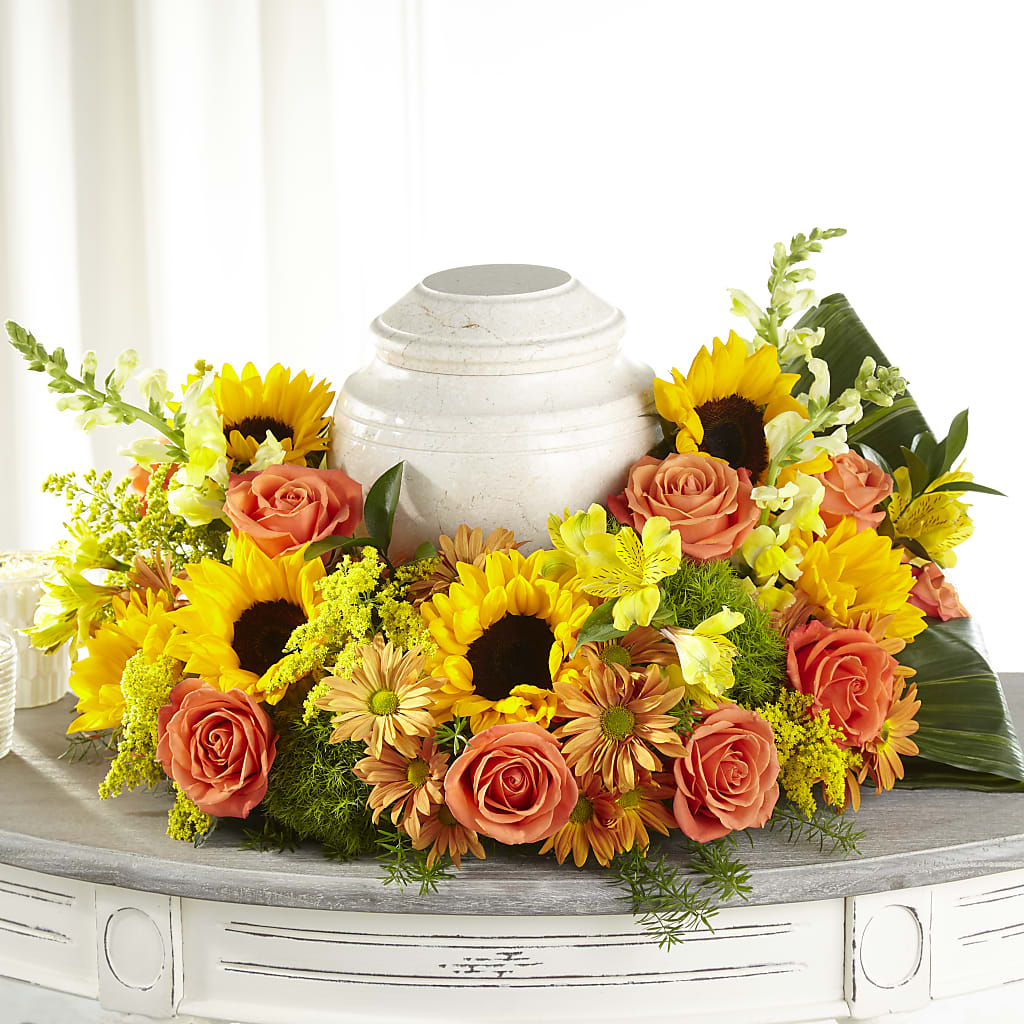 Faithful Sunflower Cremation Adornment – Halstead Floral At The Plaza, Halstead KS