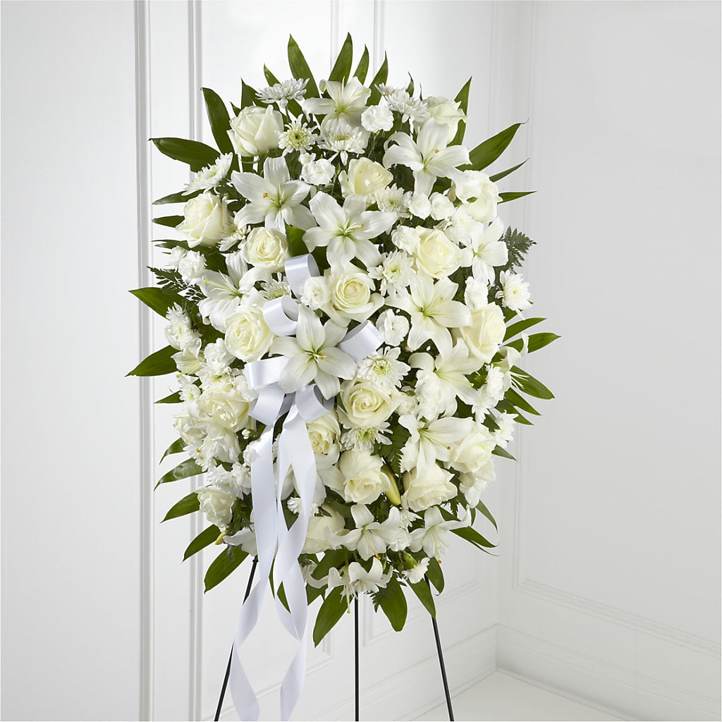 Exquisite Tribute Standing Spray-White Ribbon – Halstead Floral At The Plaza, Halstead KS