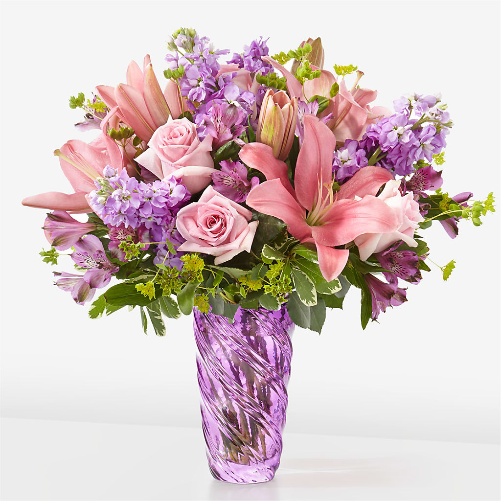 Precious Petals Bouquet with Luxe Swirl Vase – Halstead Floral At The Plaza, Halstead KS