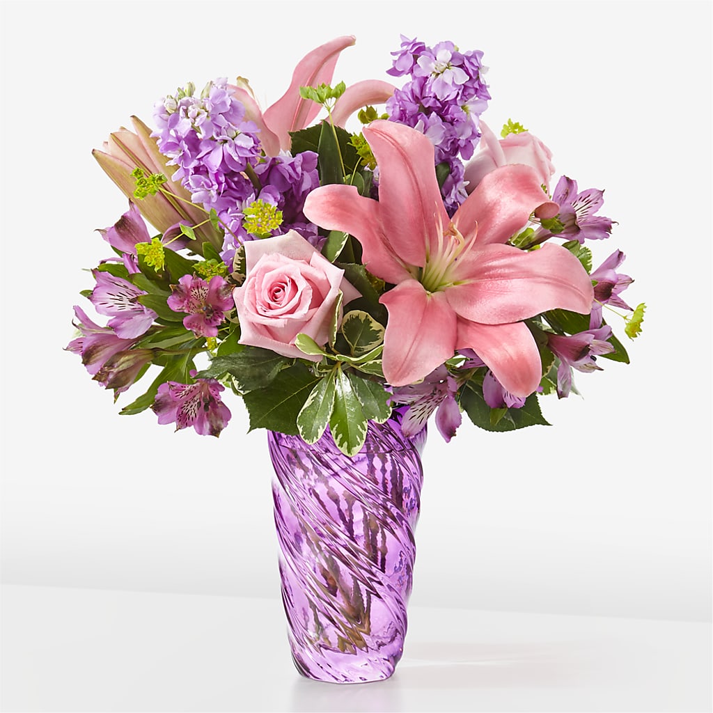 Precious Petals Bouquet with Luxe Swirl Vase – Halstead Floral At The Plaza, Halstead KS