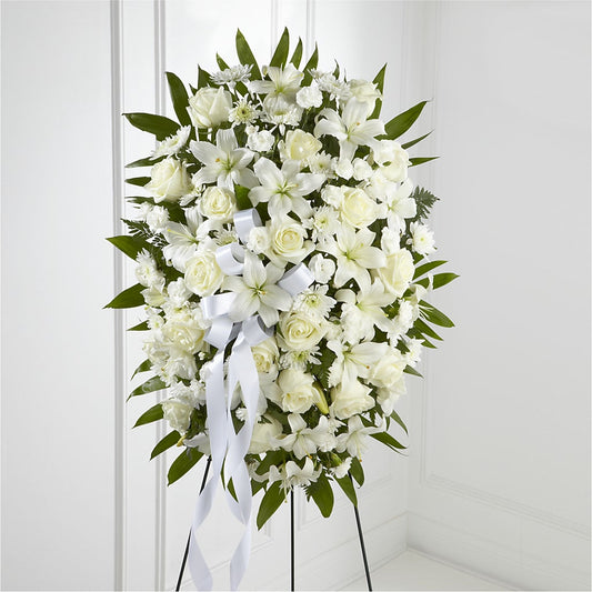 Exquisite Tribute Standing Spray-White Ribbon –  Halstead Floral At The Plaza, Halstead KS